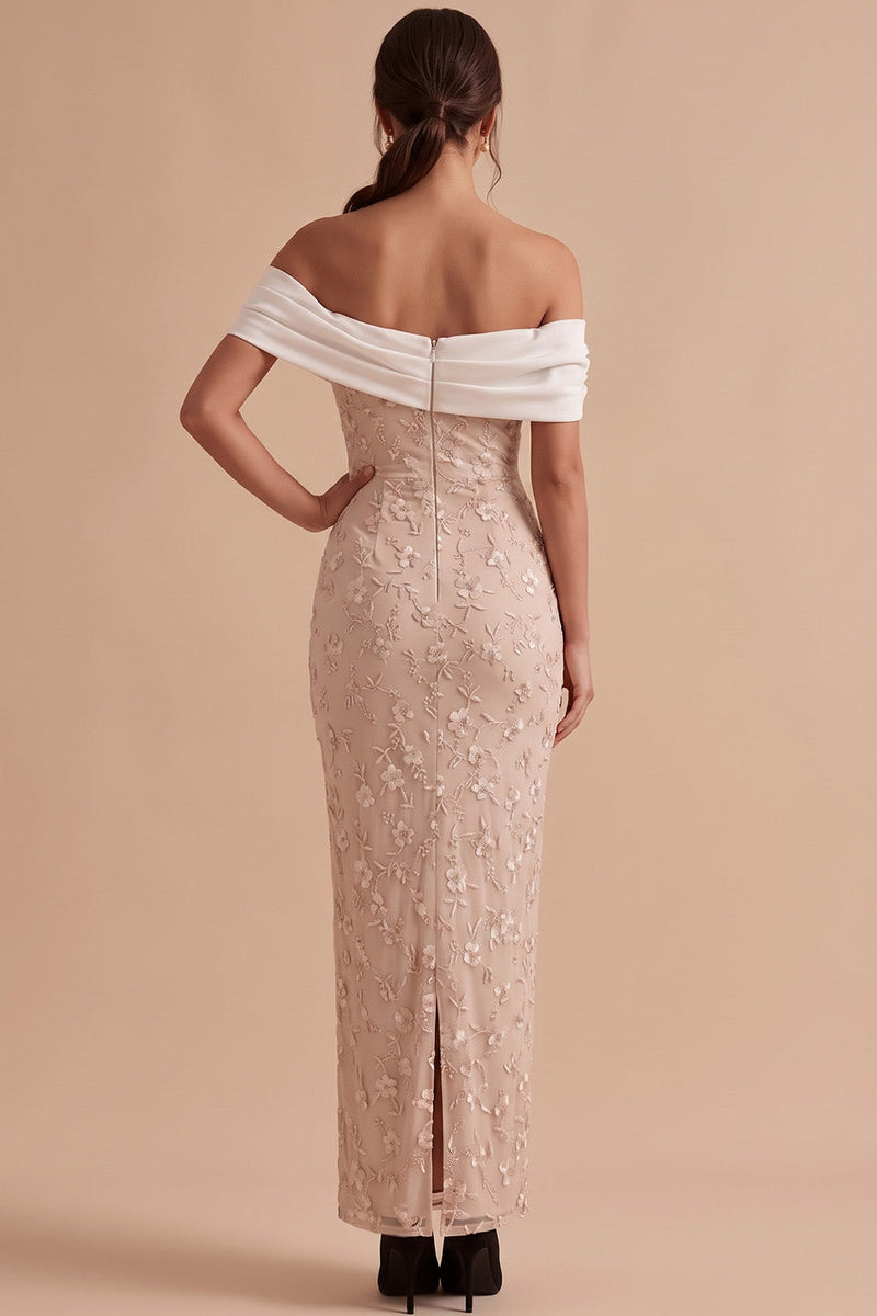 Laden Sie das Bild in den Galerie-Viewer, Weiße und rosa Schulterfreies Scheide Blumenstickerei Maxi Hochzeitskleider