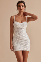 Laden Sie das Bild in den Galerie-Viewer, Weißes Korsett, Bodycon, Cowl-Neck, geraffter Spaghettiträger, kurzes kleines weißes Kleid