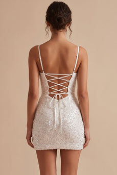 Weißes Korsett Bodycon Cowl-Neck Geraffters Spaghettiträger Kurzes Standesamt Kleid