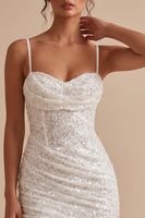Laden Sie das Bild in den Galerie-Viewer, Weißes Korsett, Bodycon, Cowl-Neck, geraffter Spaghettiträger, kurzes kleines weißes Kleid