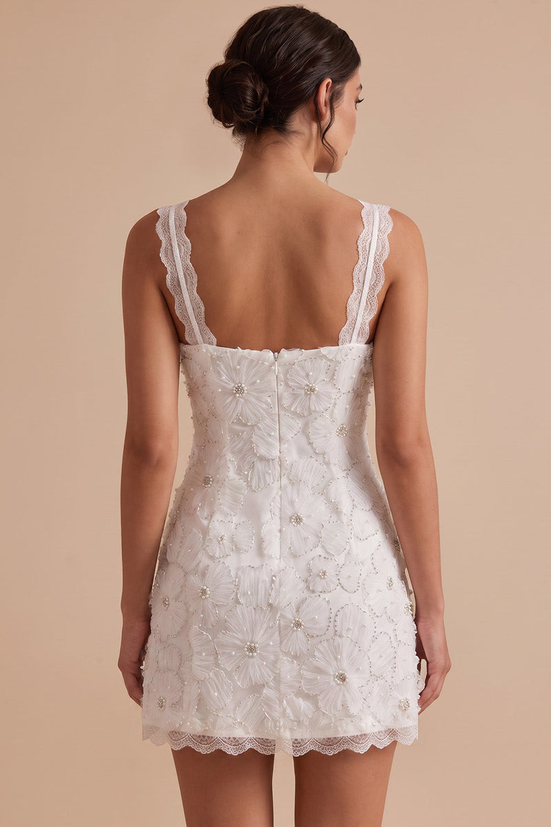 Laden Sie das Bild in den Galerie-Viewer, Weißer Bodycon Cowl Neck, Blumenapplikationen, kurzes weißes Kleid mit Spitze