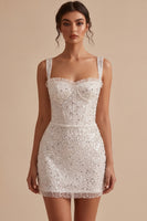Laden Sie das Bild in den Galerie-Viewer, Weißes Korsett, Bodycon, quadratischer Ausschnitt, kurzes kleines weißes Kleid mit Pailletten