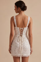 Laden Sie das Bild in den Galerie-Viewer, Weißes Korsett, Bodycon, quadratischer Ausschnitt, kurzes kleines weißes Kleid mit Pailletten