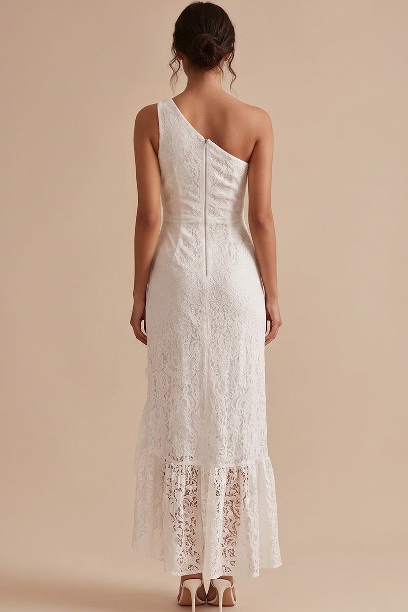 Laden Sie das Bild in den Galerie-Viewer, Weiße Scheide Einschulter Spitzenrüsche Midi Kleines weißes Kleid mit Schlitz