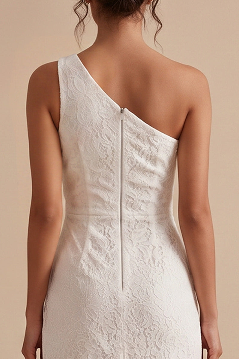 Laden Sie das Bild in den Galerie-Viewer, Weiße Scheide Einschulter Spitzenrüsche Midi Kleines weißes Kleid mit Schlitz