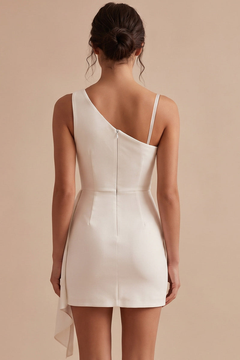 Laden Sie das Bild in den Galerie-Viewer, Weißer Bodycon asymmetrisch, einschulter, gerafftes kurzes kleines weißes Kleid