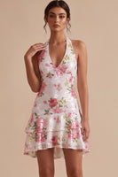 Laden Sie das Bild in den Galerie-Viewer, Weißes Halter-Pailletten-Floral-High-Low-Homecoming-Kleid