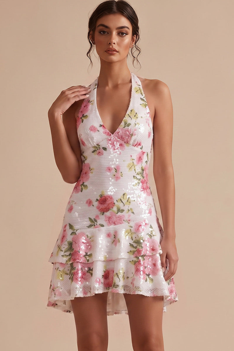 Laden Sie das Bild in den Galerie-Viewer, Weißes Halter-Pailletten-Floral-High-Low-Homecoming-Kleid