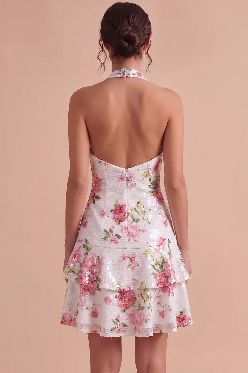Laden Sie das Bild in den Galerie-Viewer, Weißes Halter-Pailletten-Floral-High-Low-Homecoming-Kleid