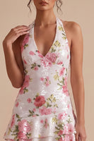 Laden Sie das Bild in den Galerie-Viewer, Weißes Halter-Pailletten-Floral-High-Low-Homecoming-Kleid