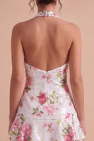Laden Sie das Bild in den Galerie-Viewer, Weißes Halter-Pailletten-Floral-High-Low-Homecoming-Kleid