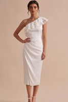 Laden Sie das Bild in den Galerie-Viewer, Weiße Scheide, eine Schulter geraffte Midi Little White Dress mit Spitze