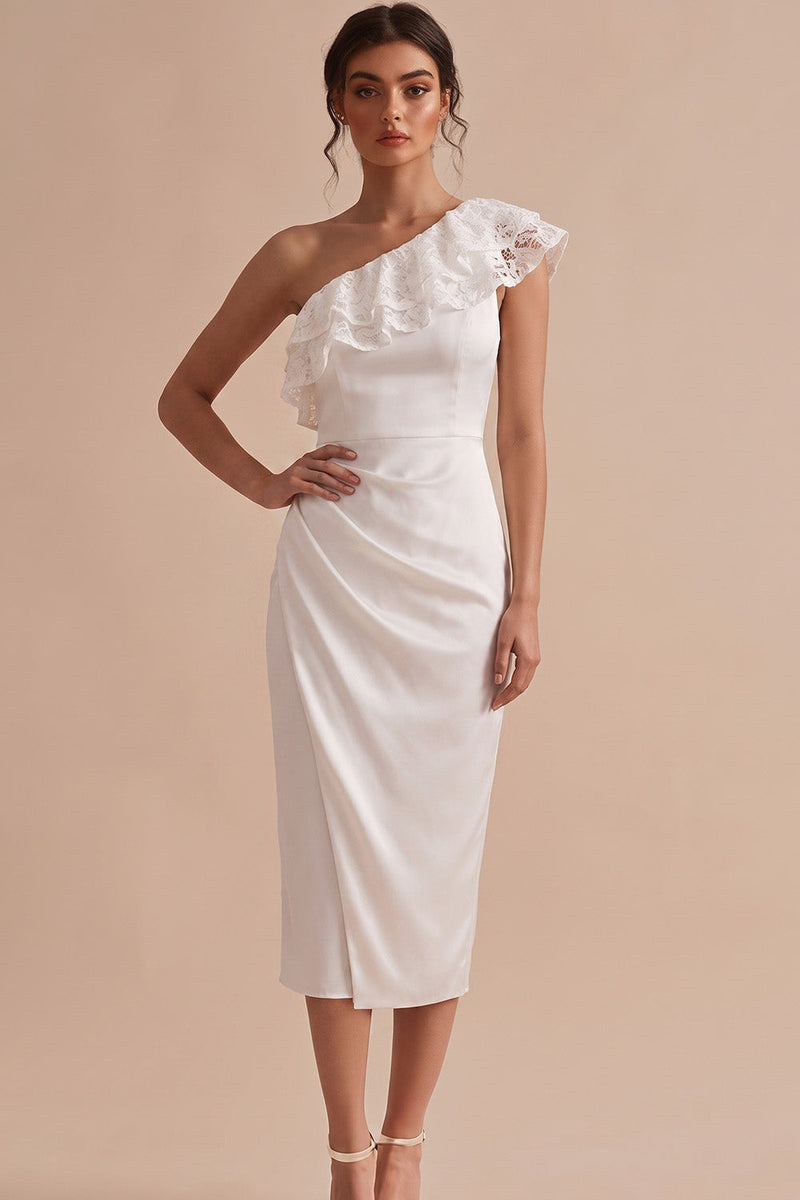 Laden Sie das Bild in den Galerie-Viewer, Weiße Scheide, eine Schulter geraffte Midi Little White Dress mit Spitze