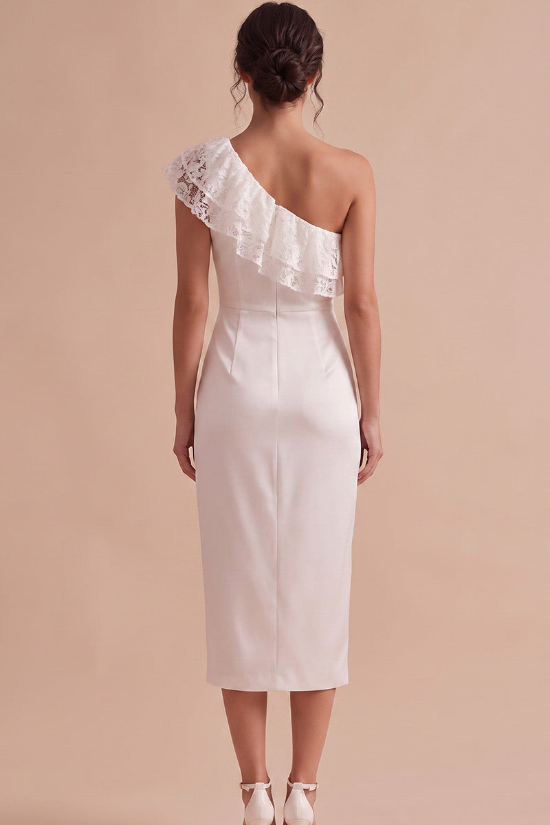 Laden Sie das Bild in den Galerie-Viewer, Weiße Scheide, eine Schulter geraffte Midi Little White Dress mit Spitze