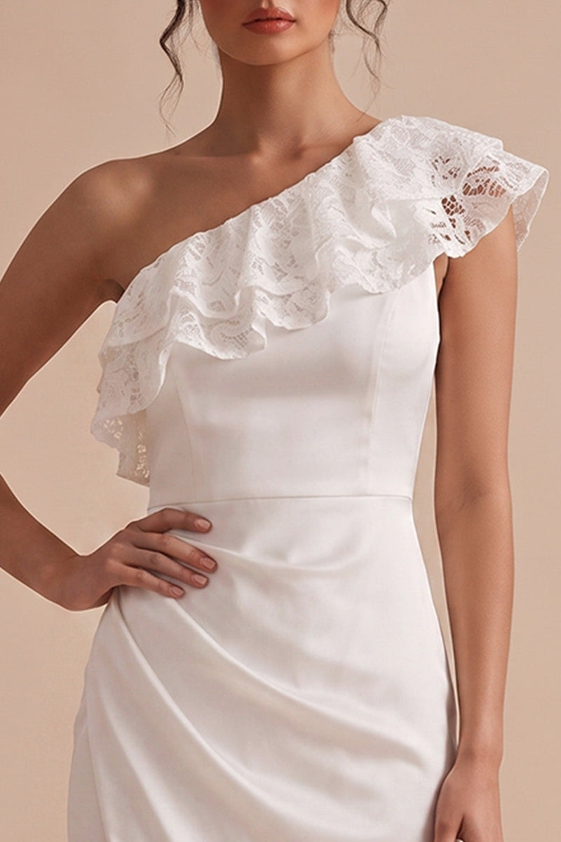 Laden Sie das Bild in den Galerie-Viewer, Weiße Scheide, eine Schulter geraffte Midi Little White Dress mit Spitze