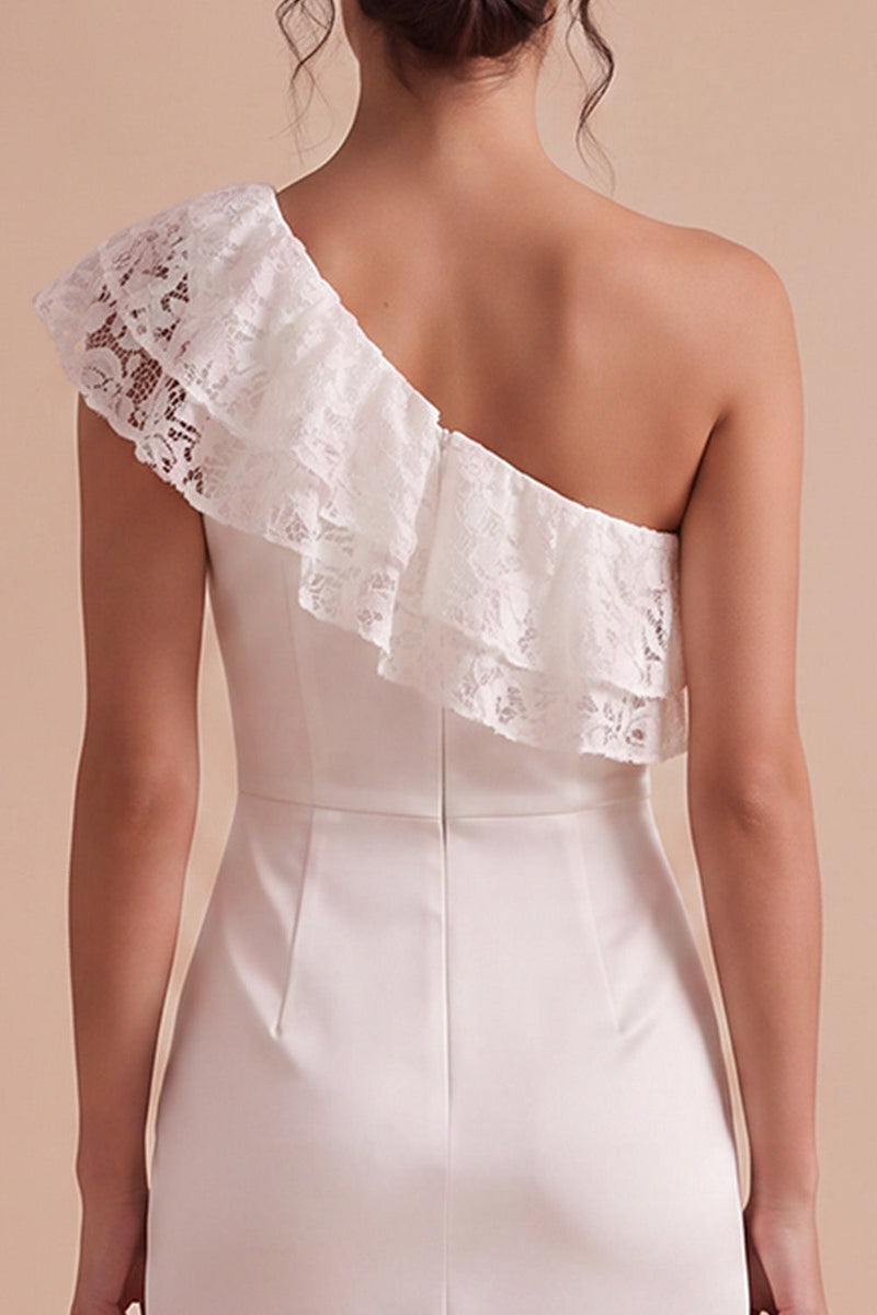 Laden Sie das Bild in den Galerie-Viewer, Weiße Scheide, eine Schulter geraffte Midi Little White Dress mit Spitze