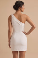 Laden Sie das Bild in den Galerie-Viewer, Weißer Bodycon mit einer Schulter und kurzem weißen Kleid mit 3D-Blume