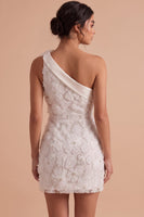 Laden Sie das Bild in den Galerie-Viewer, Weißer Bodycon mit einer Schulter und kurzem weißen Kleid mit 3D-Blume