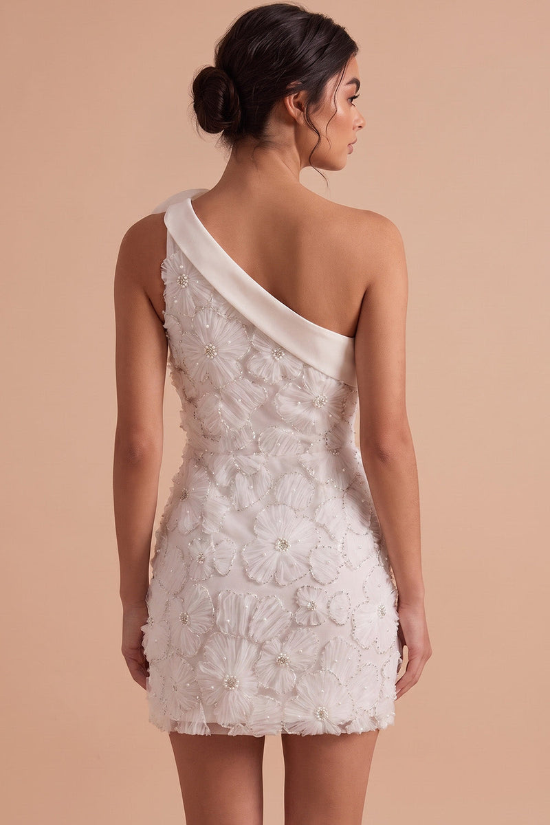 Laden Sie das Bild in den Galerie-Viewer, Weißer Bodycon mit einer Schulter und kurzem weißen Kleid mit 3D-Blume