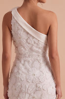 Laden Sie das Bild in den Galerie-Viewer, Weißer Bodycon mit einer Schulter und kurzem weißen Kleid mit 3D-Blume