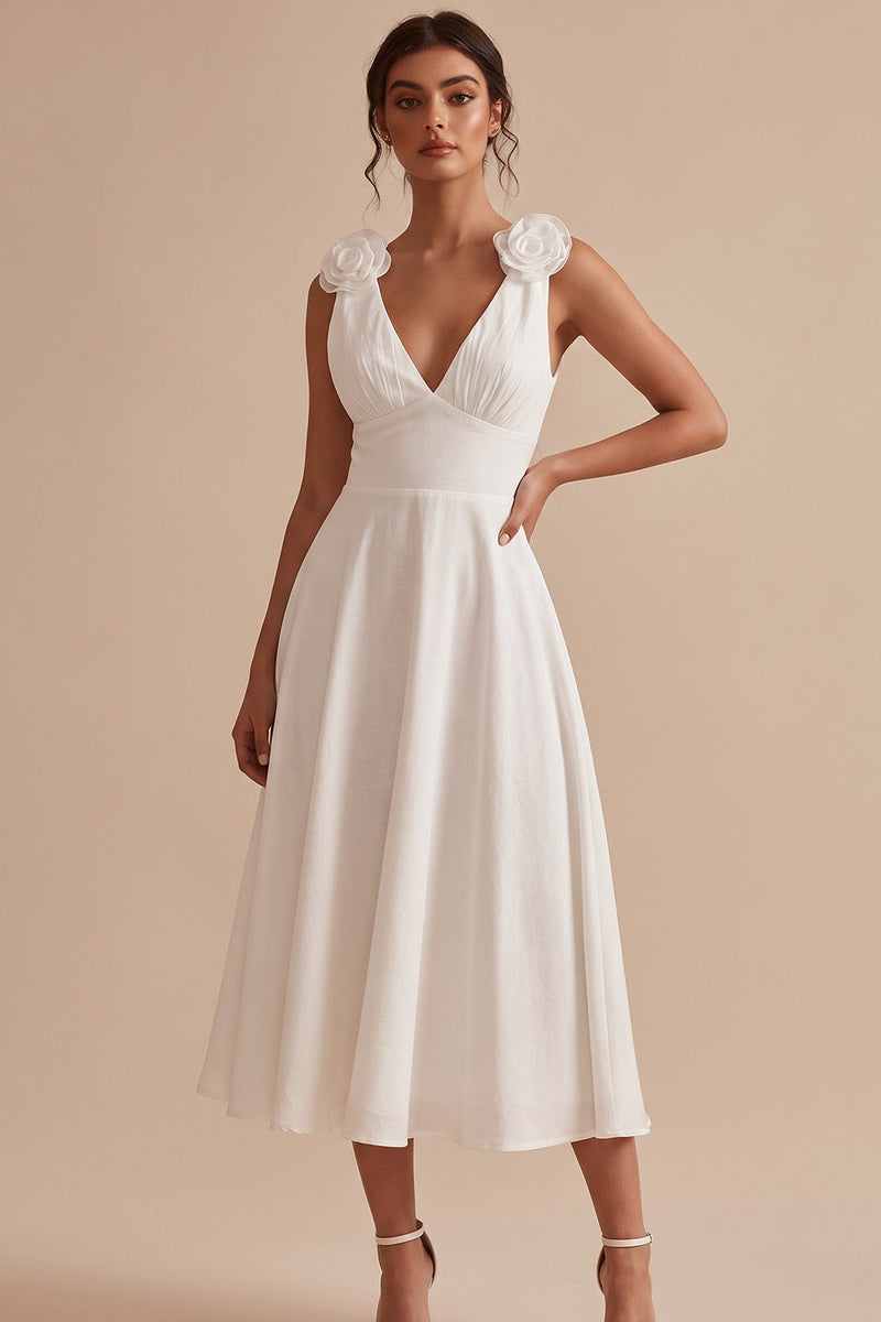 Laden Sie das Bild in den Galerie-Viewer, Weißes A-Linien V-Ausschnitt mit gerafftem Midi-Little White Kleid mit 3D-Blume