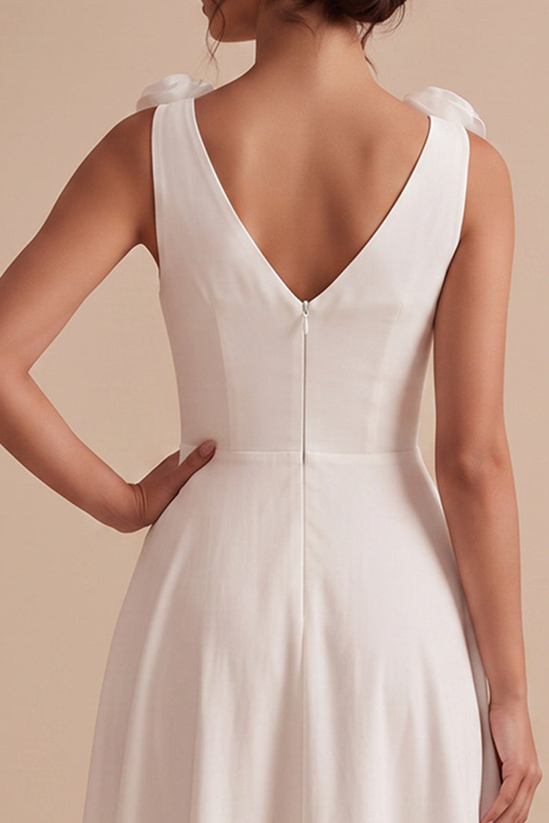 Laden Sie das Bild in den Galerie-Viewer, Weißes A-Linien V-Ausschnitt mit gerafftem Midi-Little White Kleid mit 3D-Blume