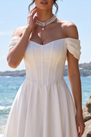 Laden Sie das Bild in den Galerie-Viewer, Weißes Korsett-A-Linie Satin-Tee-lange Brautkleid mit abseits der Schulter