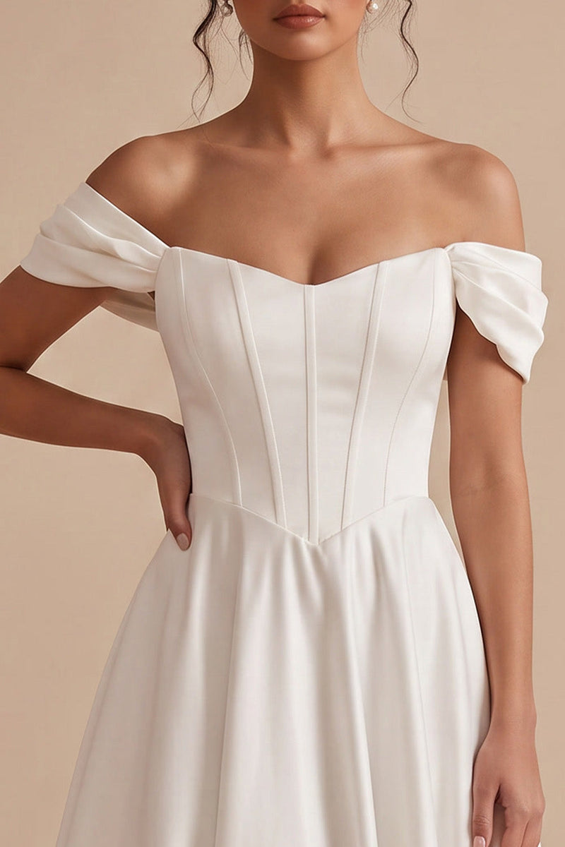 Laden Sie das Bild in den Galerie-Viewer, Weißes Korsett-A-Linie Satin-Tee-lange Brautkleid mit abseits der Schulter