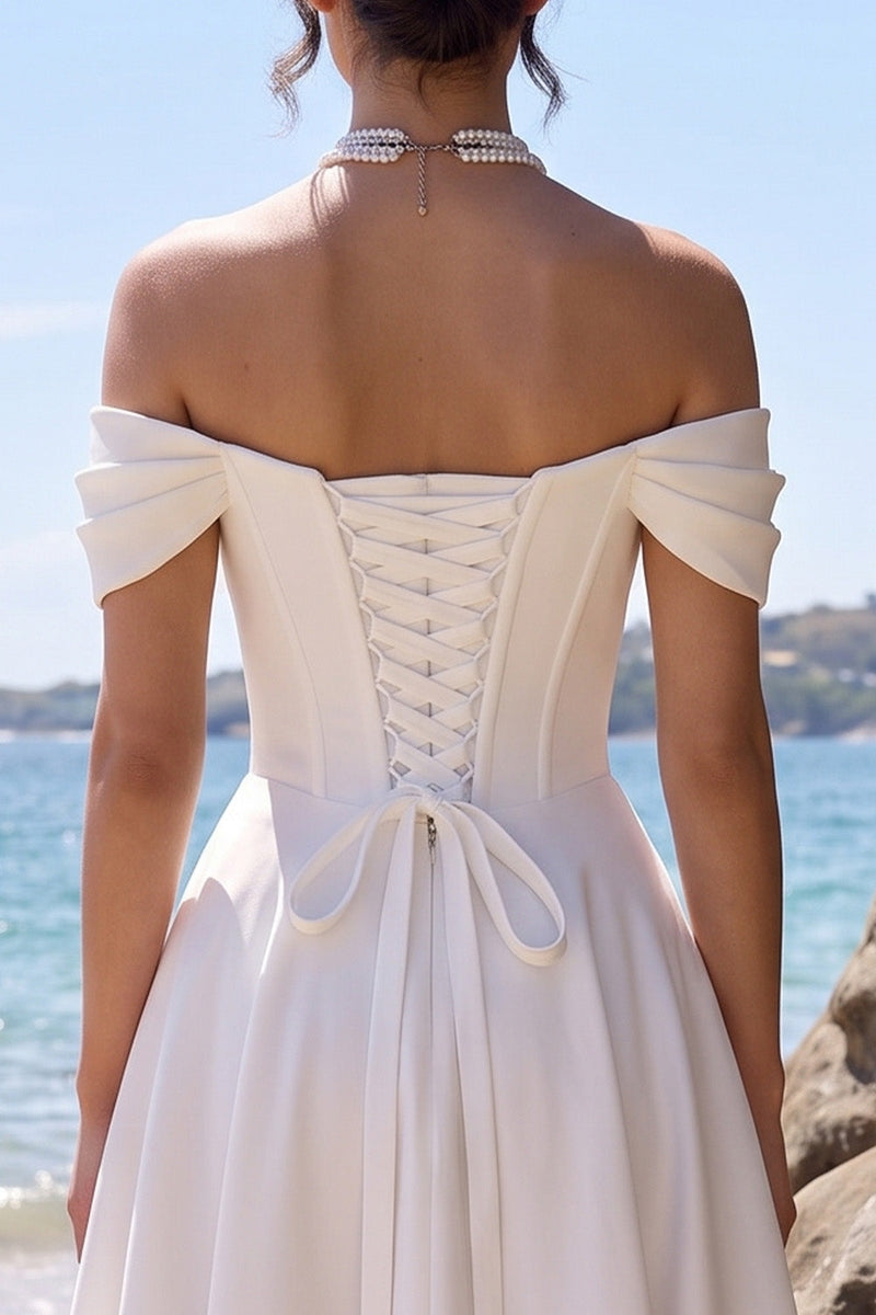 Laden Sie das Bild in den Galerie-Viewer, Weißes Korsett-A-Linie Satin-Tee-lange Brautkleid mit abseits der Schulter