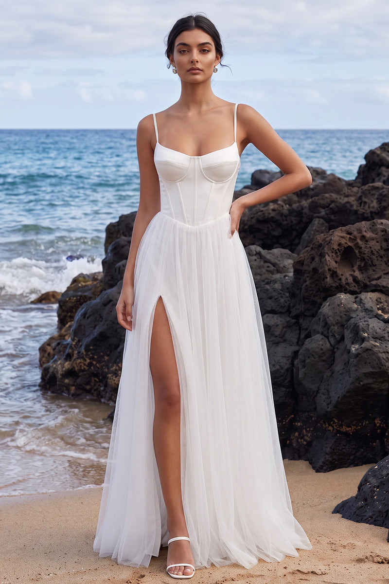 Laden Sie das Bild in den Galerie-Viewer, Weißes Korsett-A-Linie Spaghettiträger Satin-Maxi-Hochzeitskleid mit seitlichem Schlitz
