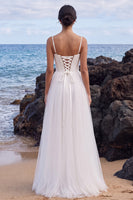 Laden Sie das Bild in den Galerie-Viewer, Weißes Korsett-A-Linie Spaghettiträger Satin-Maxi-Hochzeitskleid mit seitlichem Schlitz