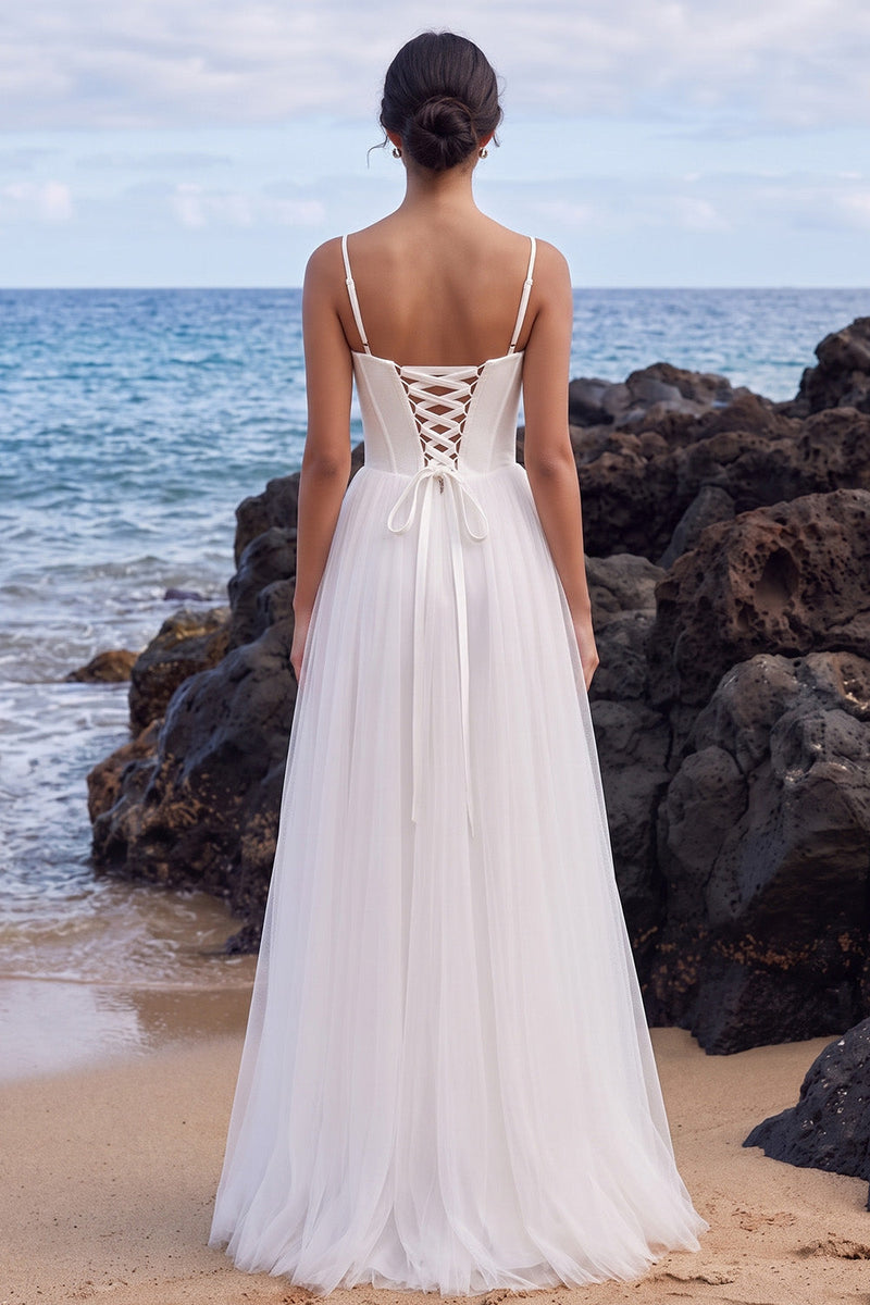 Laden Sie das Bild in den Galerie-Viewer, Weißes Korsett-A-Linie Spaghettiträger Satin-Maxi-Hochzeitskleid mit seitlichem Schlitz