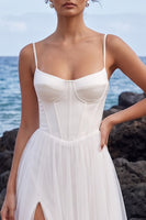 Laden Sie das Bild in den Galerie-Viewer, Weißes Korsett-A-Linie Spaghettiträger Satin-Maxi-Hochzeitskleid mit seitlichem Schlitz