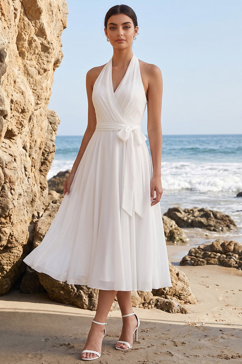 Laden Sie das Bild in den Galerie-Viewer, Weißes A-Line-Chiffon-Midi-Hochzeitskleid mit Schärpe