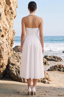 Laden Sie das Bild in den Galerie-Viewer, Weißes A-Line-Chiffon-Midi-Hochzeitskleid mit Schärpe