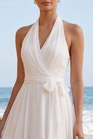 Laden Sie das Bild in den Galerie-Viewer, Weißes A-Line-Chiffon-Midi-Hochzeitskleid mit Schärpe