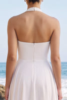 Laden Sie das Bild in den Galerie-Viewer, Weißes A-Line-Chiffon-Midi-Hochzeitskleid mit Schärpe