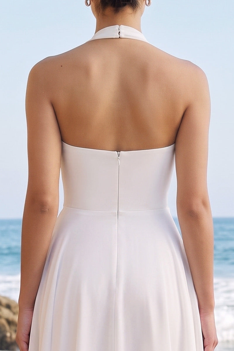 Laden Sie das Bild in den Galerie-Viewer, Weißes A-Line-Chiffon-Midi-Hochzeitskleid mit Schärpe