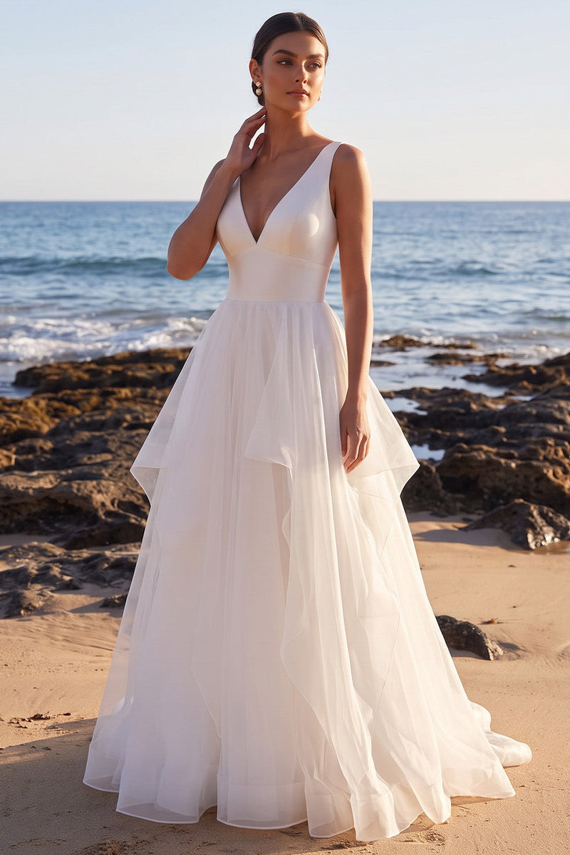 Laden Sie das Bild in den Galerie-Viewer, Weißes A-Linien-Satin-Organza-Organza-Maxi-Hochzeitskleid mit V-Ausschnitt