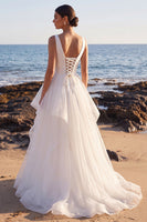 Laden Sie das Bild in den Galerie-Viewer, Weißes A-Linien-Satin-Organza-Organza-Maxi-Hochzeitskleid mit V-Ausschnitt