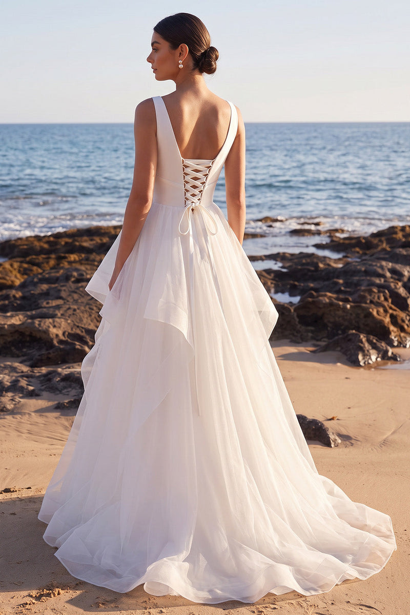 Laden Sie das Bild in den Galerie-Viewer, Weißes A-Linien-Satin-Organza-Organza-Maxi-Hochzeitskleid mit V-Ausschnitt