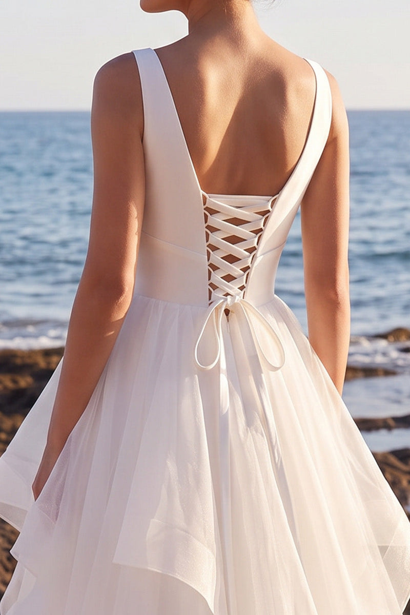 Laden Sie das Bild in den Galerie-Viewer, Weißes A-Linien-Satin-Organza-Organza-Maxi-Hochzeitskleid mit V-Ausschnitt