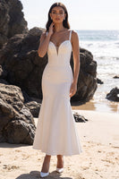 Laden Sie das Bild in den Galerie-Viewer, Weißes Meerjungfrauen-Satin-Tüll-Korsett Sweetheart mit gerafftem Midi-Hochzeitskleid