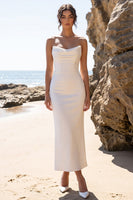 Laden Sie das Bild in den Galerie-Viewer, Weißes Satin-Cowl-Neckneck-Maxi-Hochzeitskleid mit Rückenschlitz