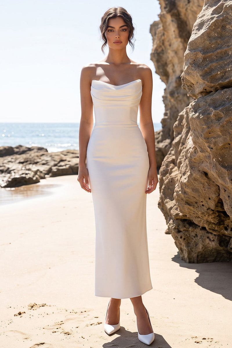 Laden Sie das Bild in den Galerie-Viewer, Weißes Satin-Cowl-Neckneck-Maxi-Hochzeitskleid mit Rückenschlitz
