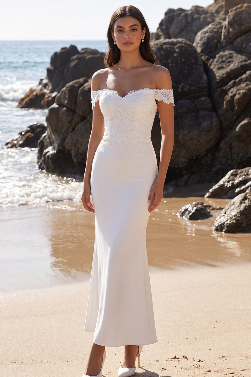 Laden Sie das Bild in den Galerie-Viewer, Weißes Meerjungfrauen-Maxi-Hochzeitskleid mit Spitze