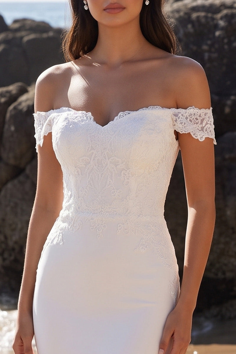 Laden Sie das Bild in den Galerie-Viewer, Weißes Meerjungfrauen-Maxi-Hochzeitskleid mit Spitze