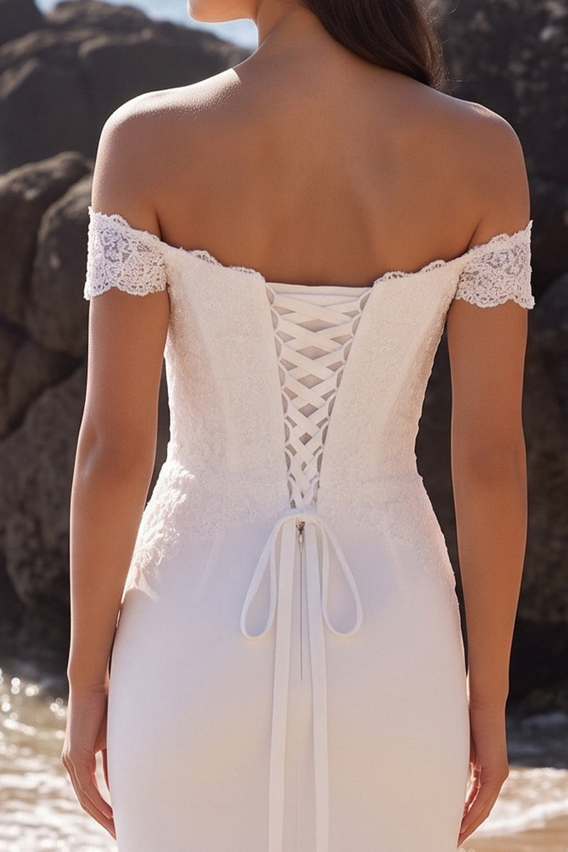Laden Sie das Bild in den Galerie-Viewer, Weißes Meerjungfrauen-Maxi-Hochzeitskleid mit Spitze
