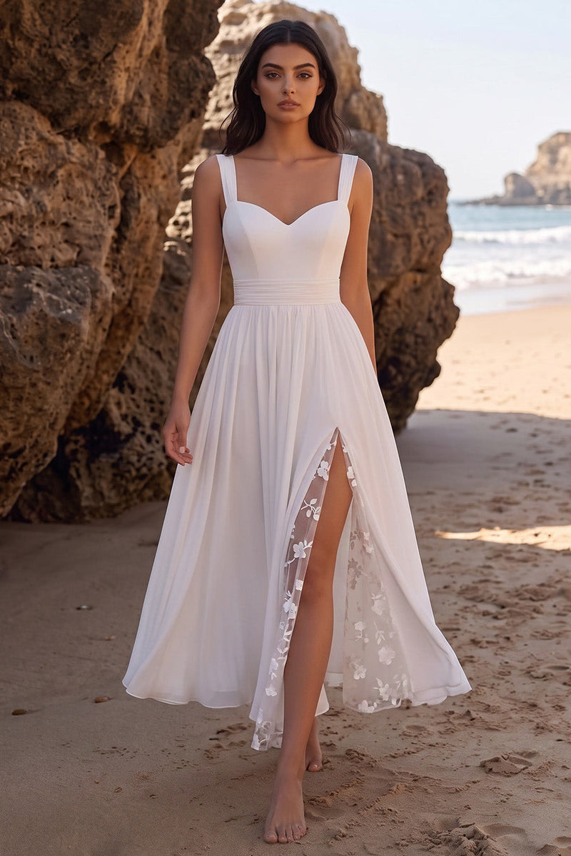 Laden Sie das Bild in den Galerie-Viewer, Weißes A-Line-Sweetheart-Chiffon-Midi-Hochzeitskleid mit Spitzenschlitz
