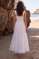 Laden Sie das Bild in den Galerie-Viewer, Weißes A-Line-Sweetheart-Chiffon-Midi-Hochzeitskleid mit Spitzenschlitz